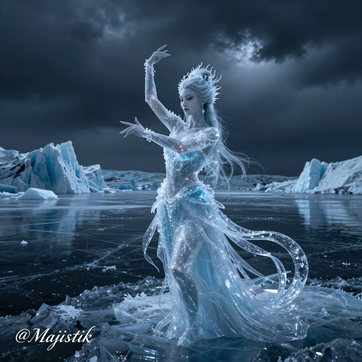 Ice Goddess Dances on Frozen Lake in Dramatic Cold Lighting