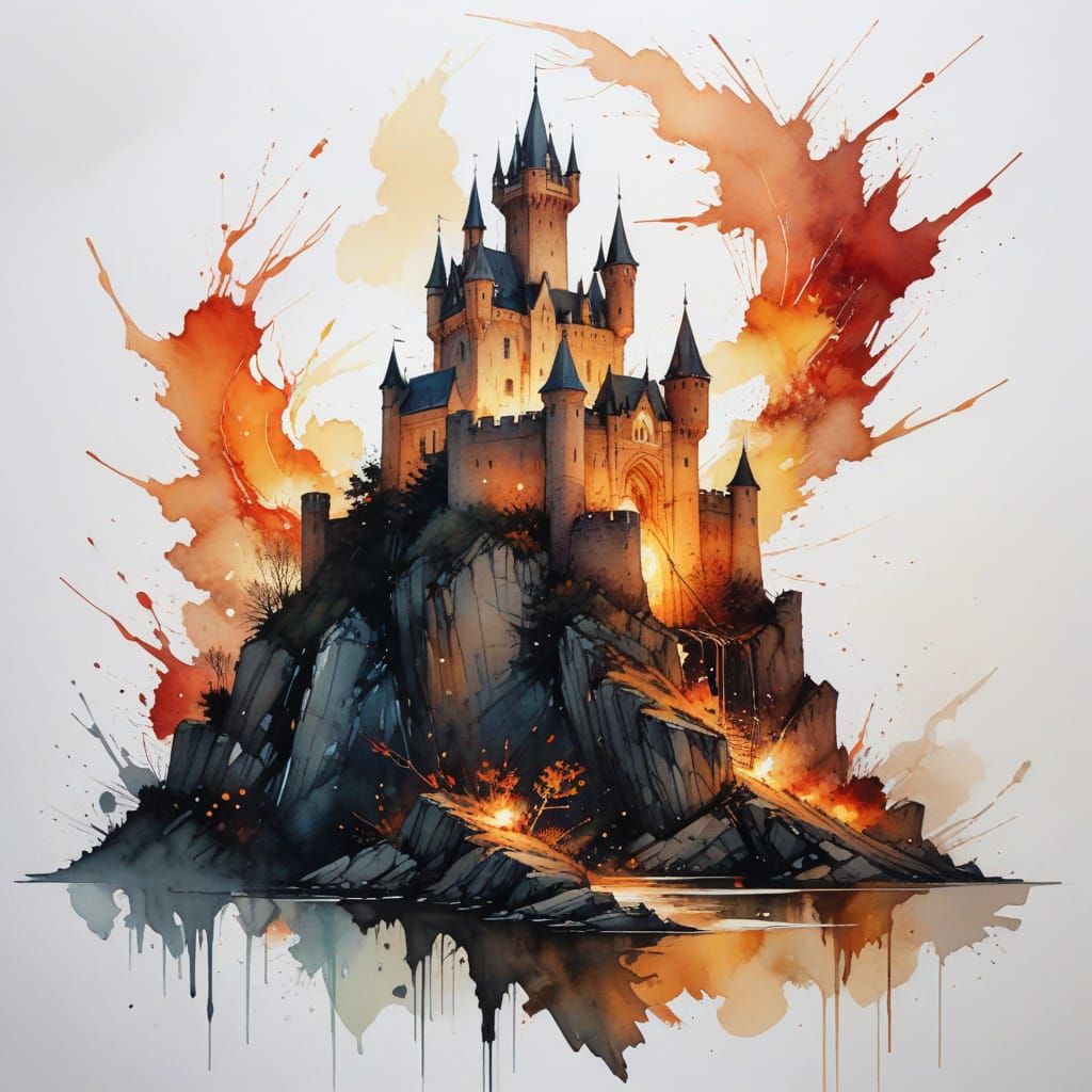 Ethereal Ancient Castle at Dusk, Set Amidst a Fiery Sunset