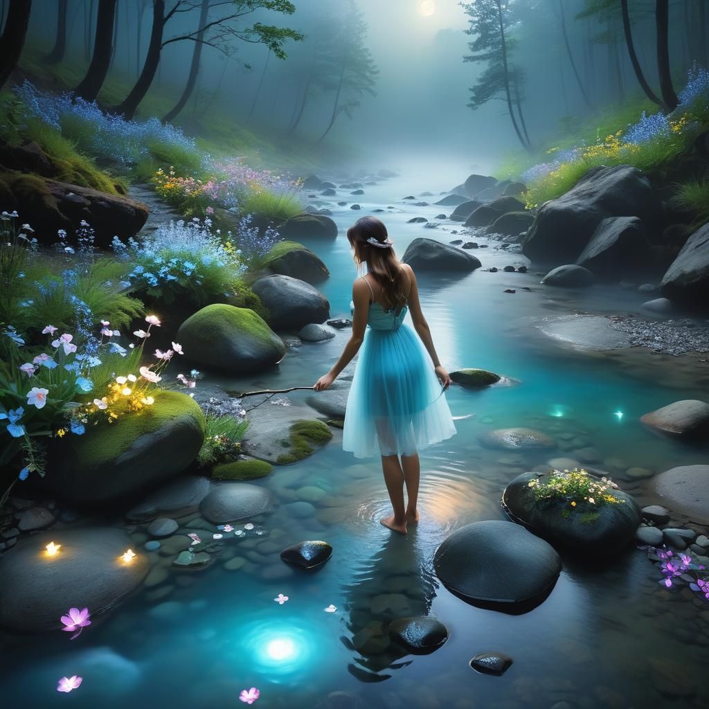 Mystical Night Forest: Girl Touches Crystal Creek
