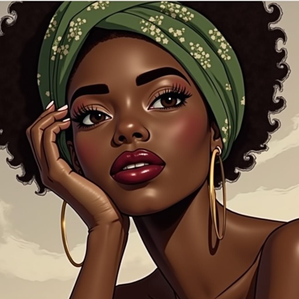 African American Woman in Cartoon Style with Short Curls and...