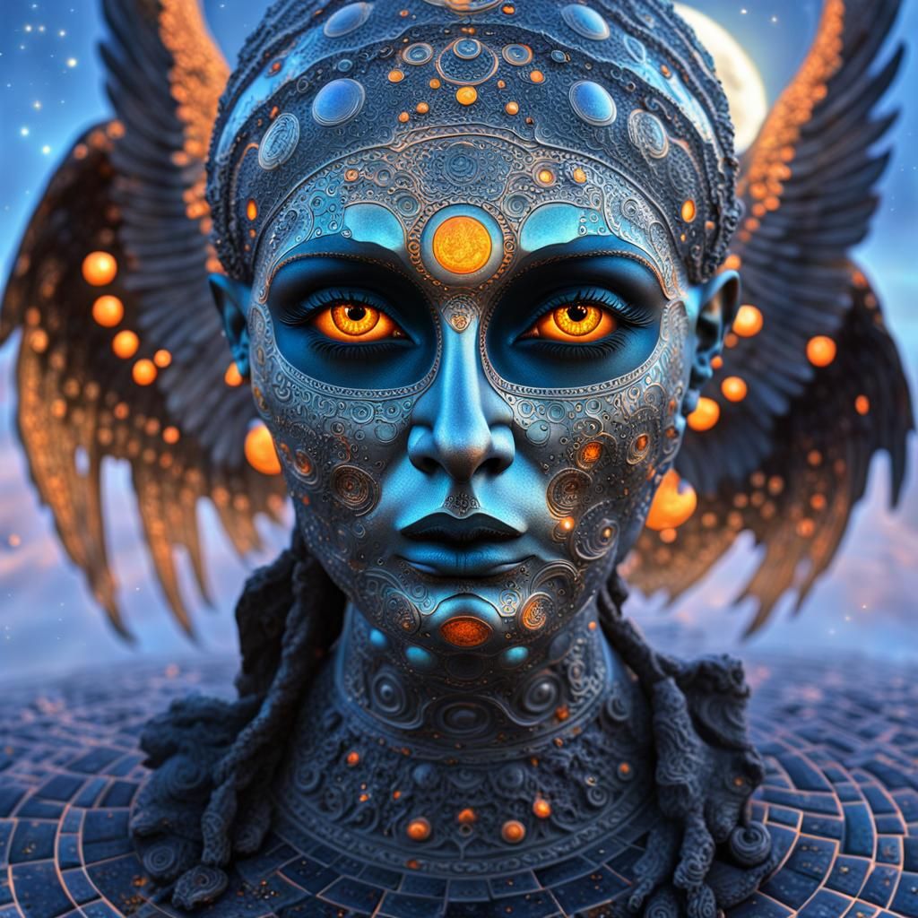 Surreal Angel Moon Scene with Floating Pumpkins