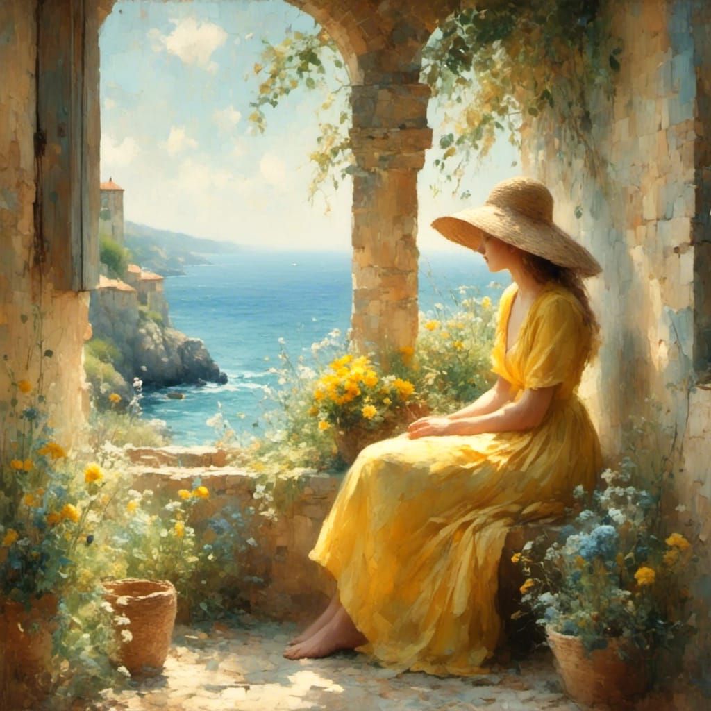 Impressionist Woman Gazing at Italian Coast