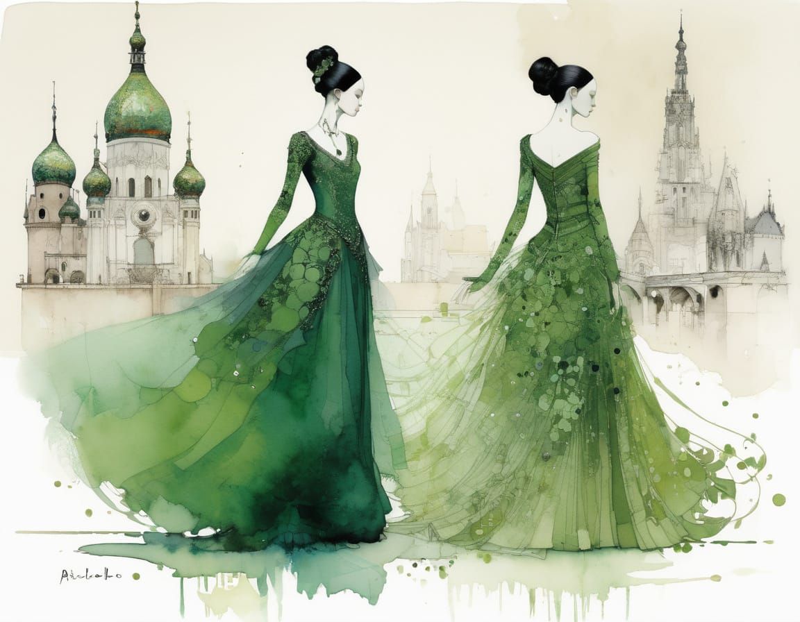 Elegant Ballroom Dancers in Green Gowns
