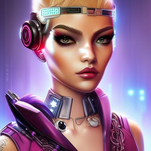 Chibi Cyberpunk Woman Portrait in Detailed Matte Painting