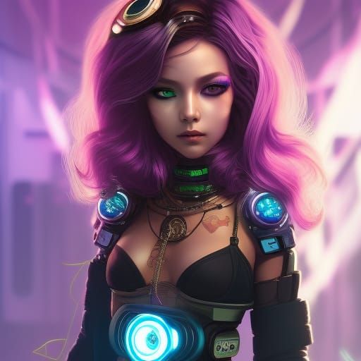 Chibi Cyberpunk Woman Portrait in Detailed Matte Painting