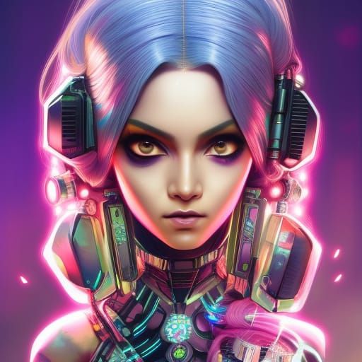 Chibi Cyberpunk Woman Portrait: Detailed Digital Art