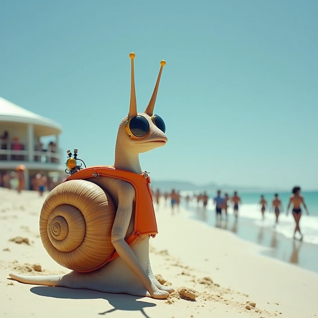 Snail Lifeguard on a Crowded Beach: Sci-Fi Landscape