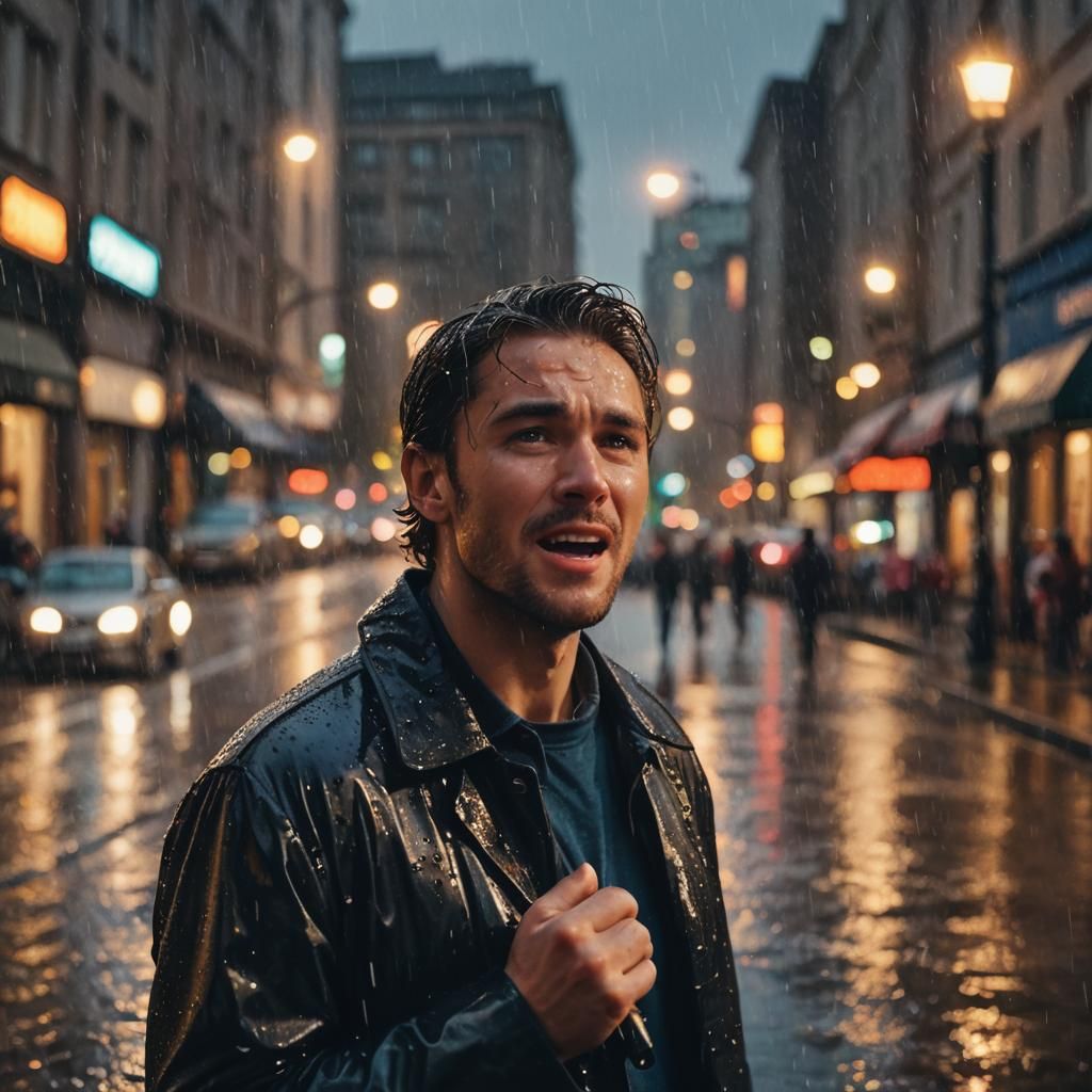 Man Singing in Rainy City Street at Dusk