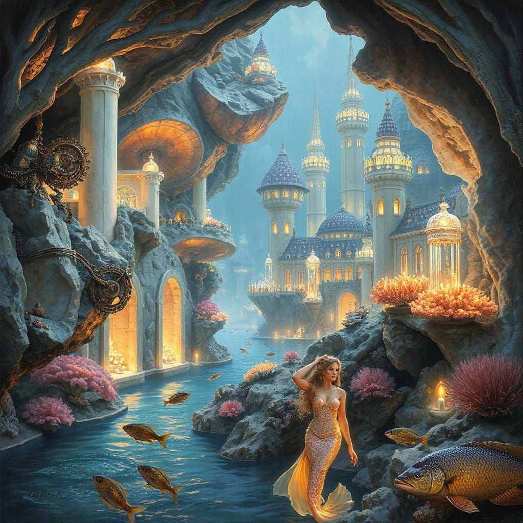 Steampunk Underwater Geode City in Oil Painting Style