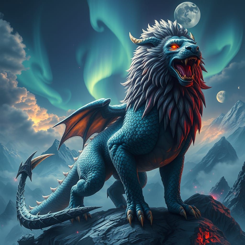 Epic Dragon-Lion Hybrid in Fantasy Landscape