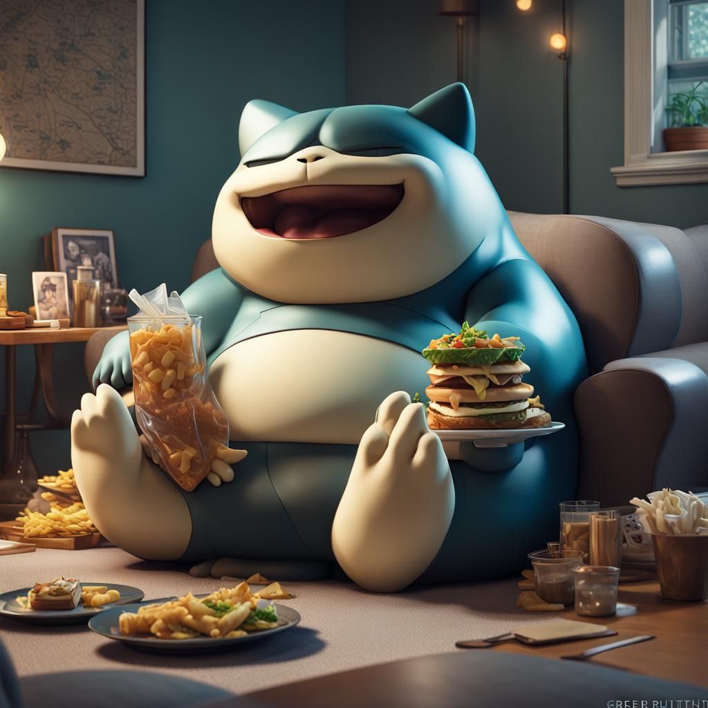 Snorlax Enjoys Junk Food in Art Deco Style