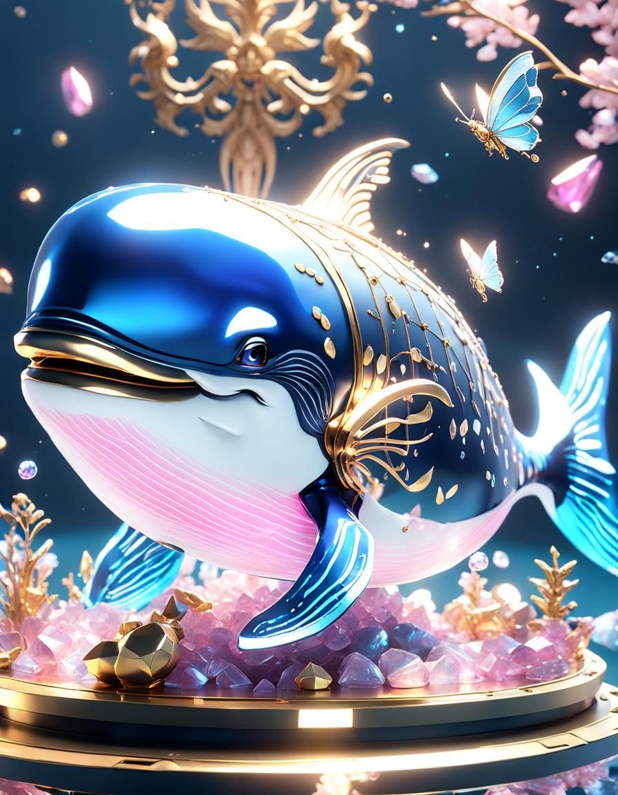 Crystal Whale with Butterflies in 3D Style
