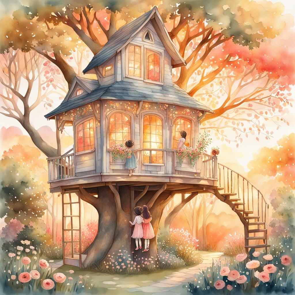 Whimsical Treehouse Scene in Watercolor Illustration Style