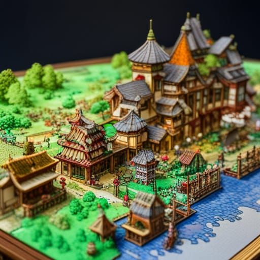 Miniature Toy Town with Dragon, Hyperdetailed Art