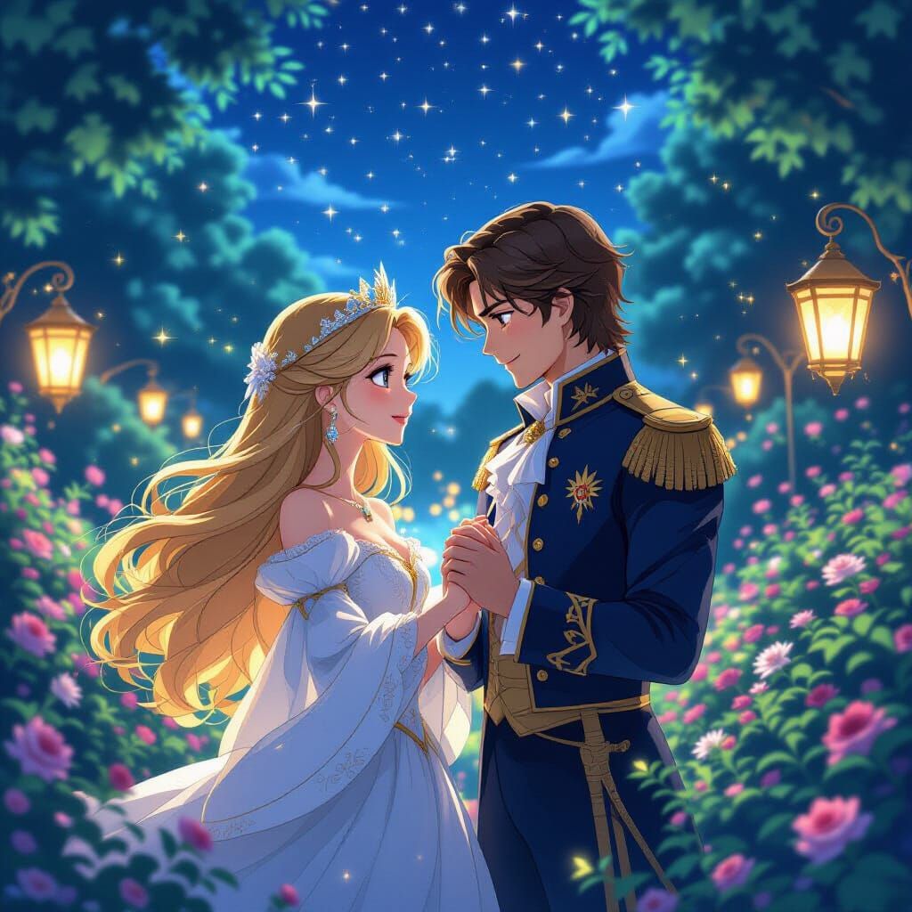 Romantic Prince and Princess in Magical Midnight Garden