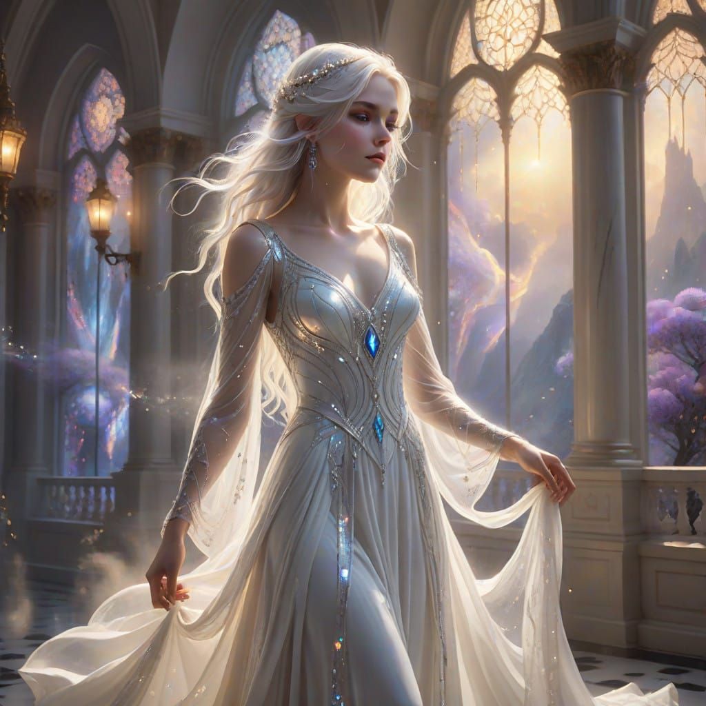 Majestic White Queen in Ethereal Throne Room