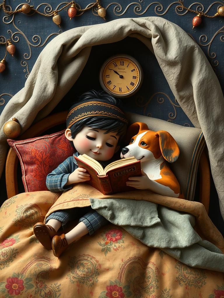 Whimsical Folk Art: Boy Reading to Dog