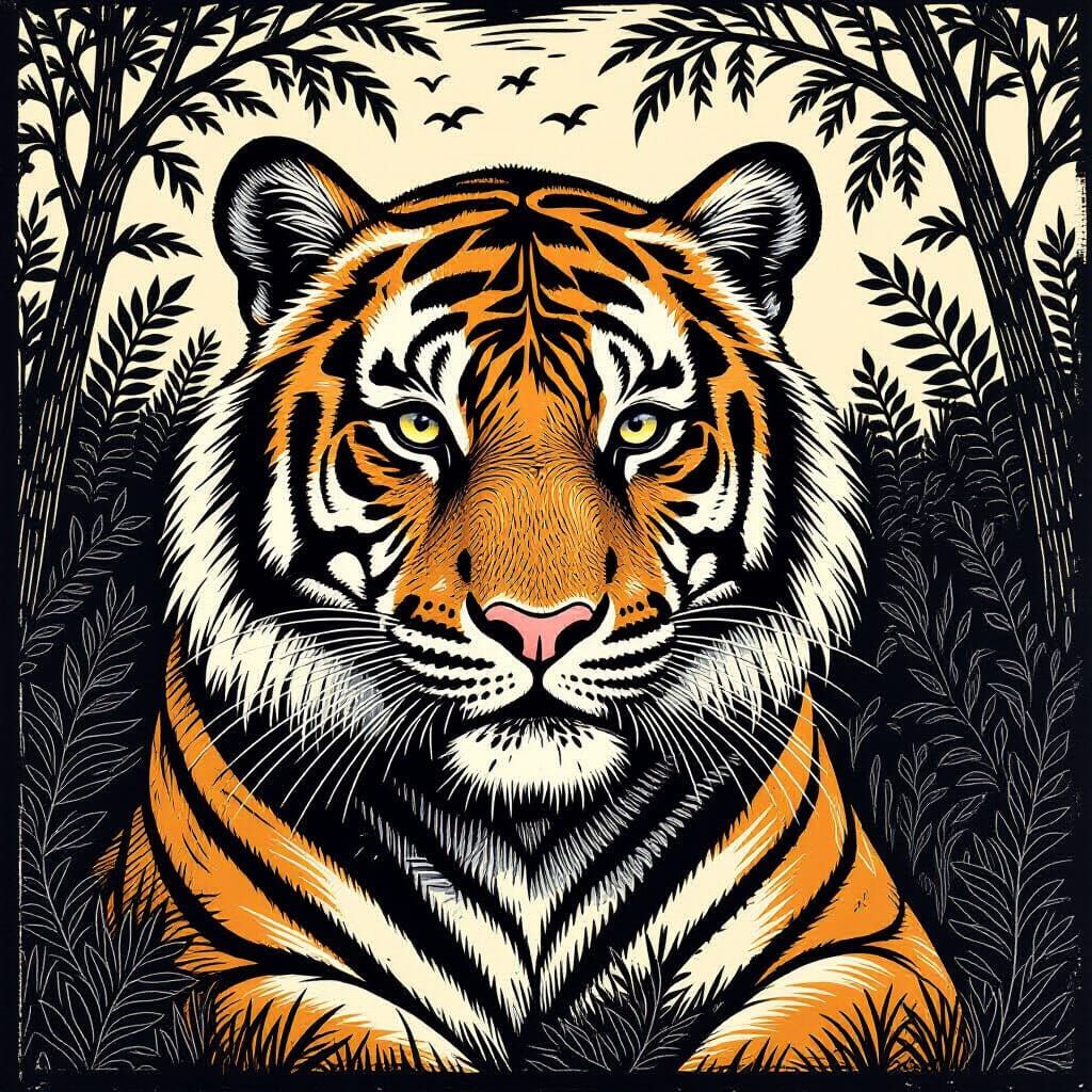 Monochromatic Tiger Jungle Linocut Print