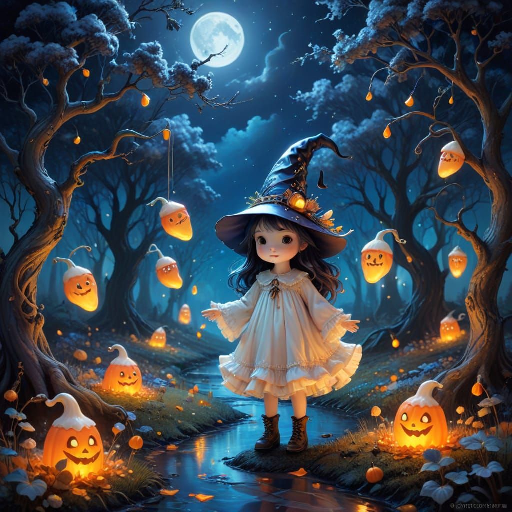 Charming Chibi Ghost in Witch Hat on Candy Corn Path