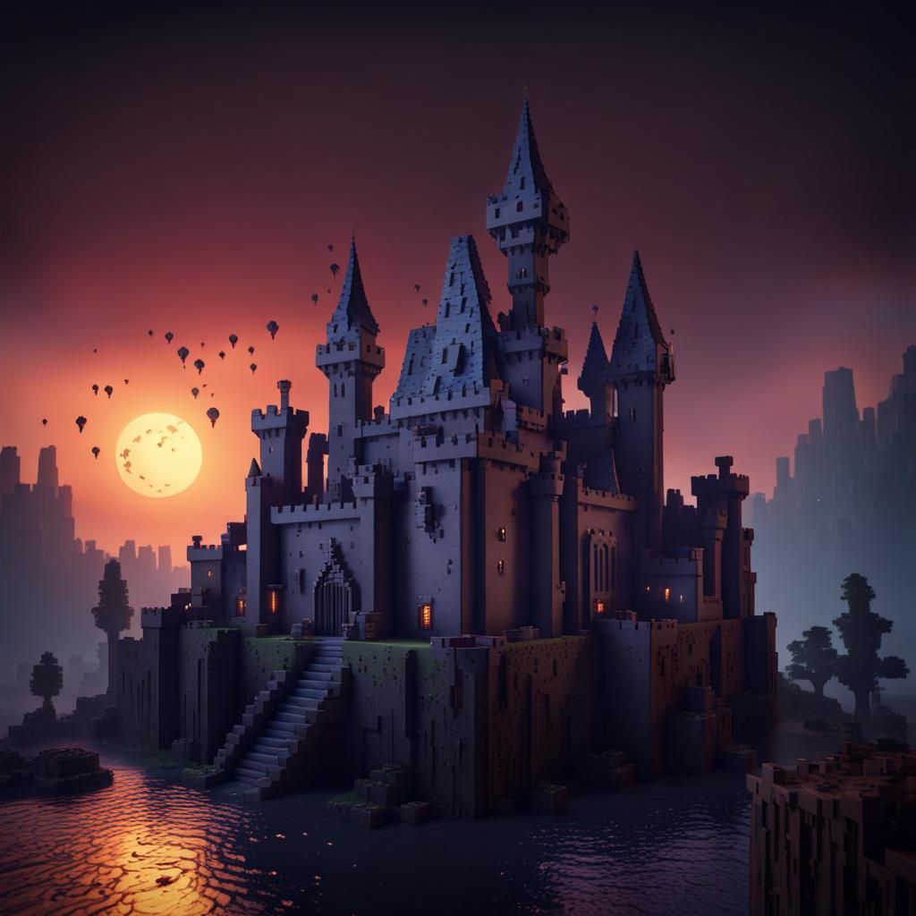Nightfall Castle at Dark Night in Minecraft Style