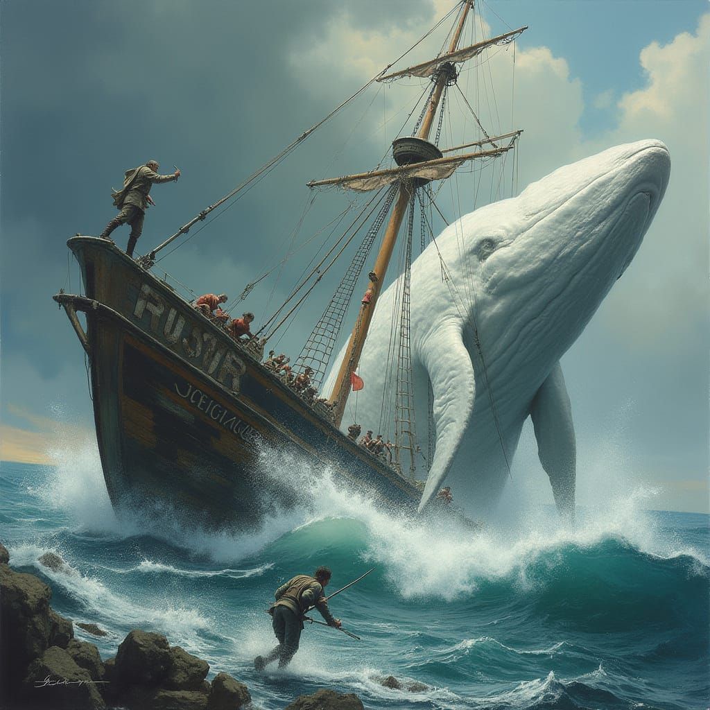 Ahab Leaps to Strike the White Whale in a Stormy Sea