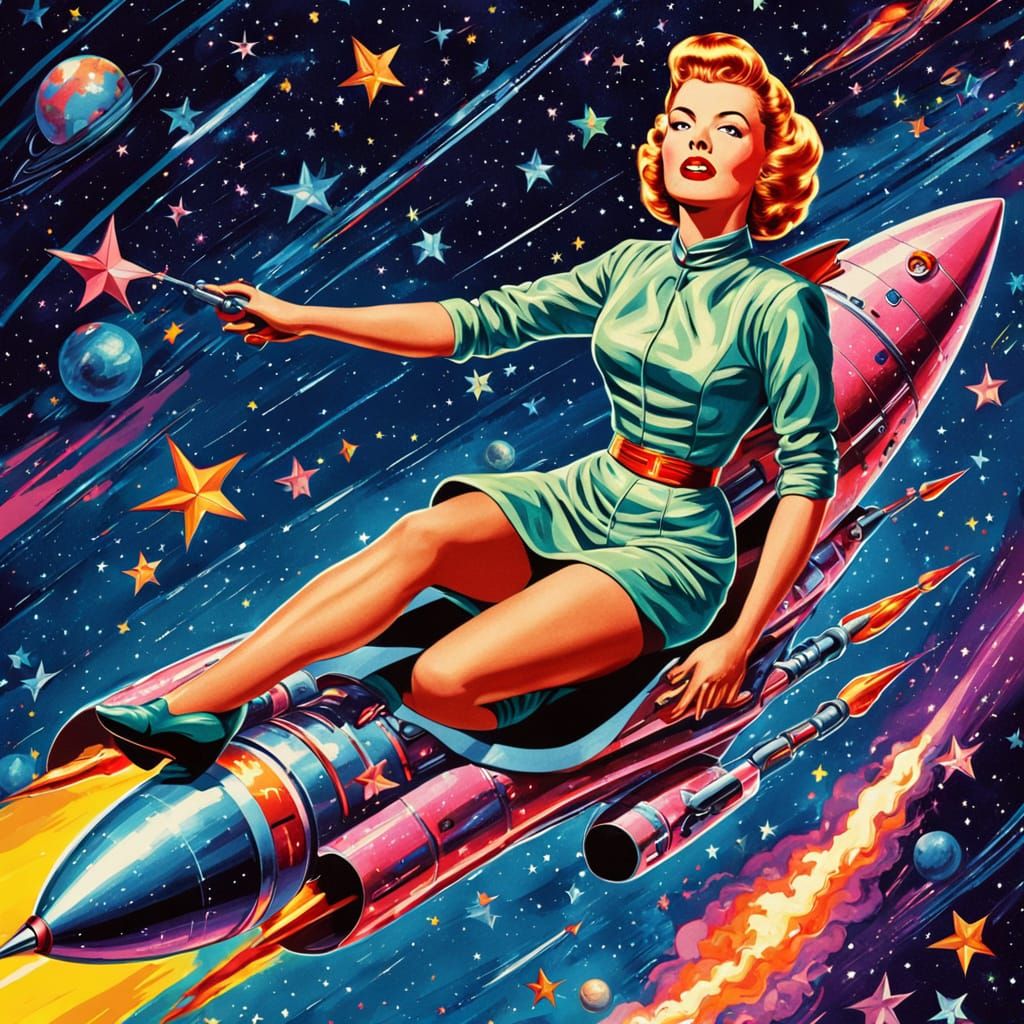 1950s Sci-Fi Space Lady Riding Rocket in Pop Art