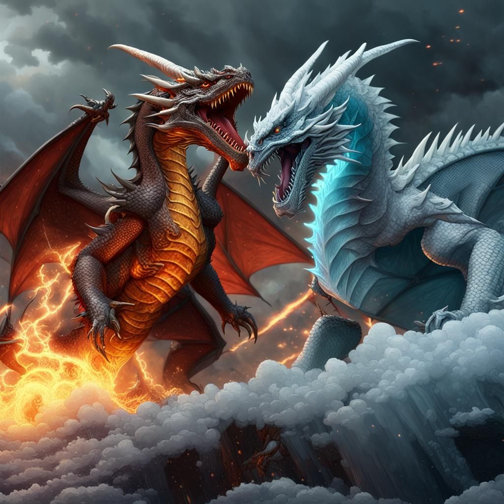 Epic Dragon Battle in Stormy Sky, Dark Fantasy Art