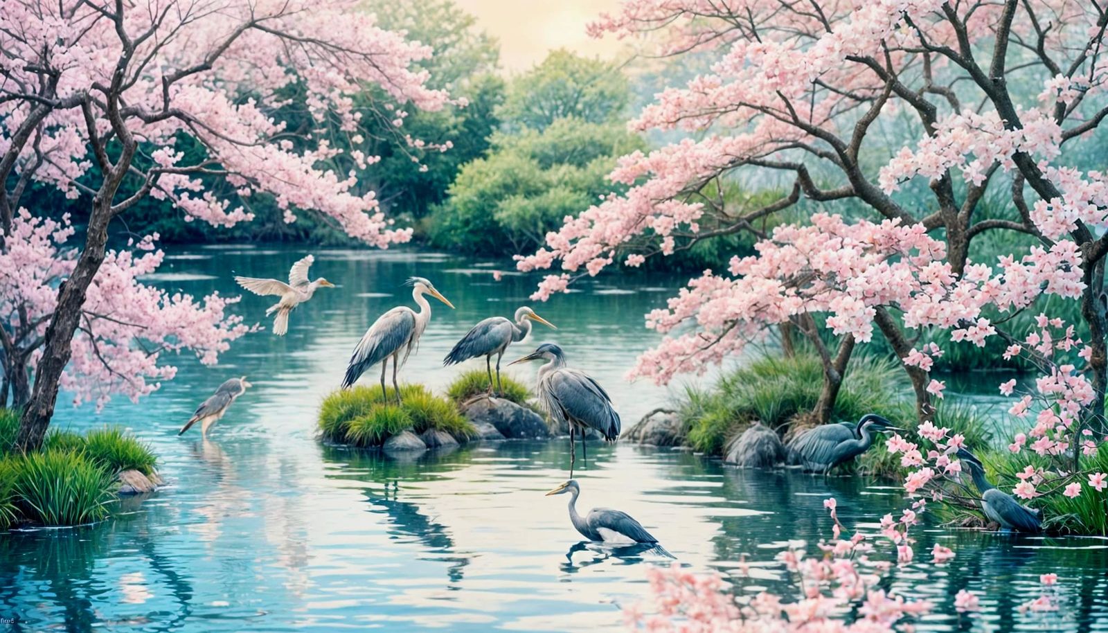 Moonlit Koi Pond with Herons in Japanese Garden