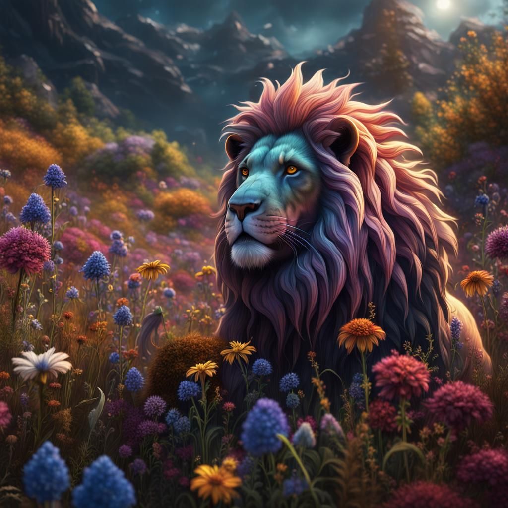 Lion's Mane of Wildflowers: Detailed Fantasy Art