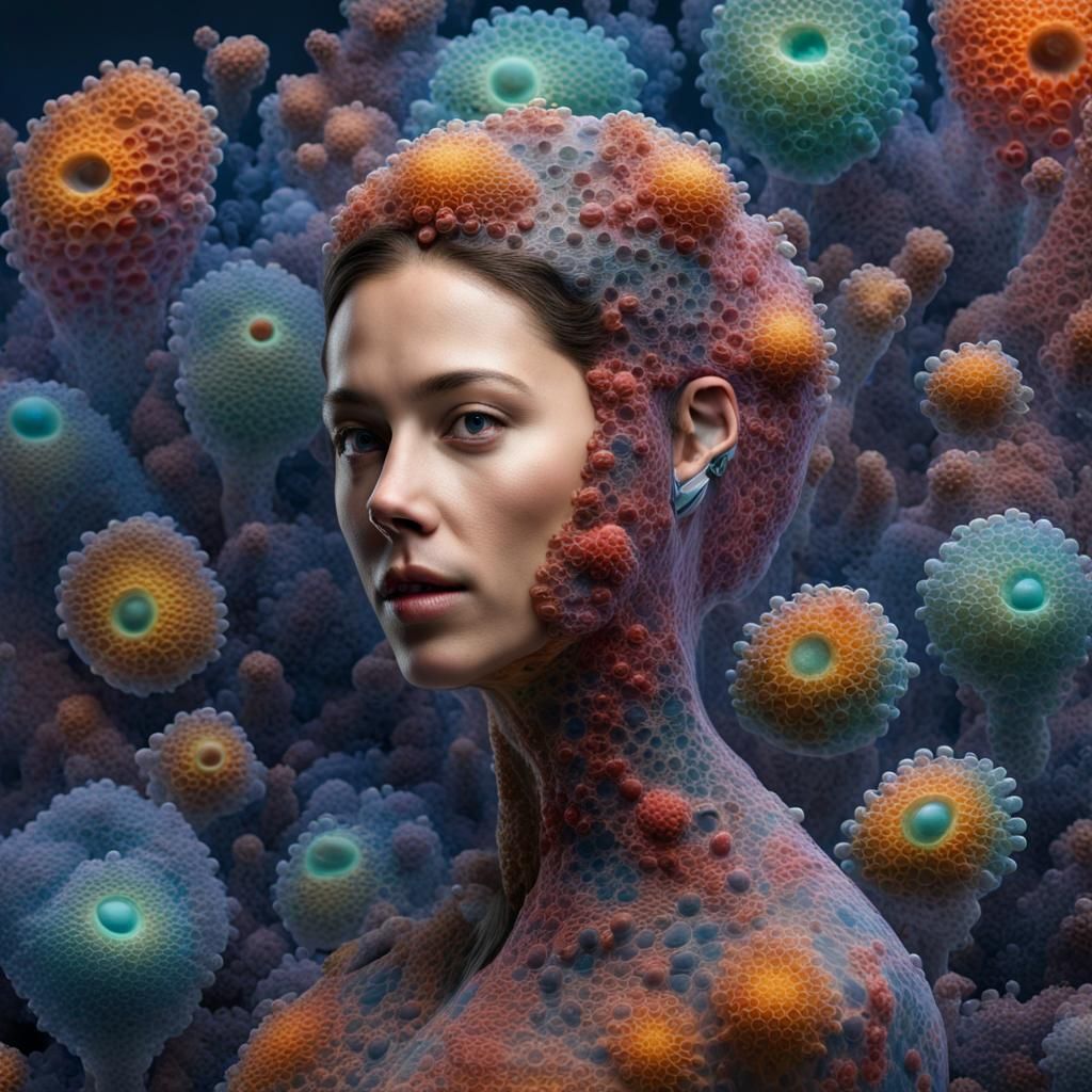 Amoeba Woman Portrait in Hyperrealistic Splash Art