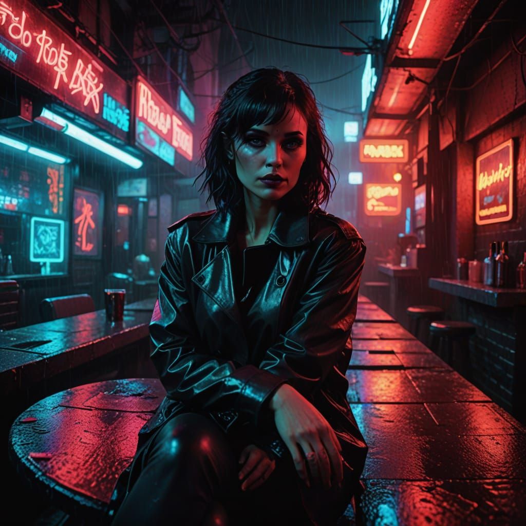 Cyberpunk Woman in Bar, Neon Noir Portrait