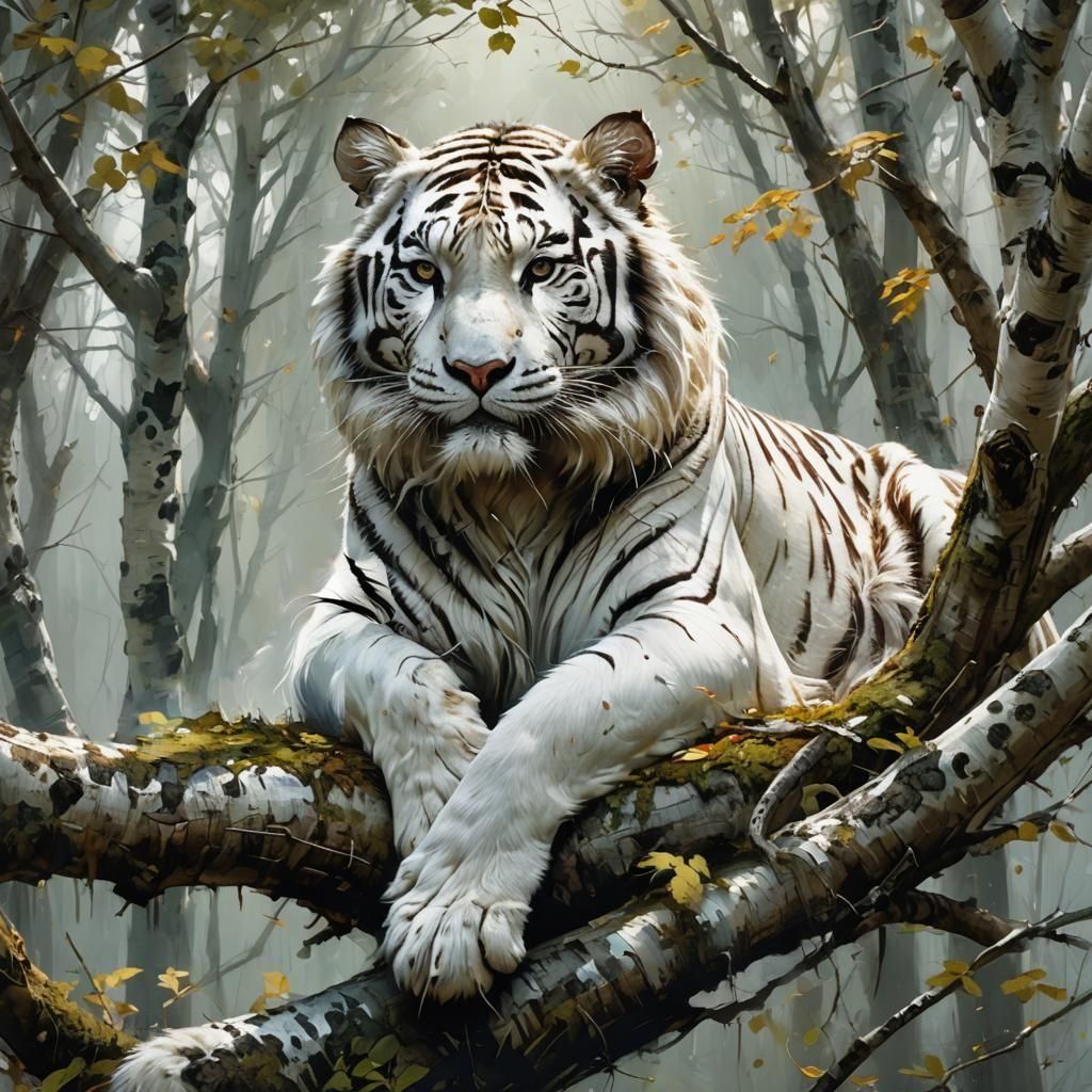 Long-Haired White Tiger in Birch Tree, Matte Painting