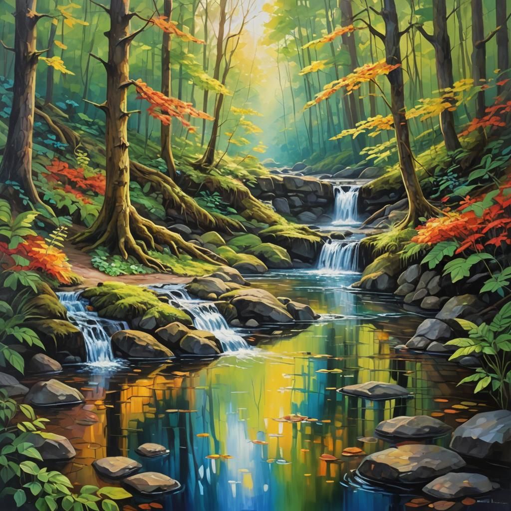 Forest Stream with Waterfall: Oil Painting