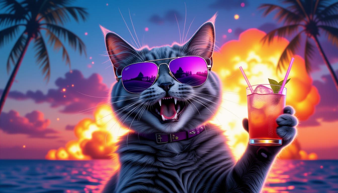 Cat with Sunglasses in Retro Synthwave Sunset