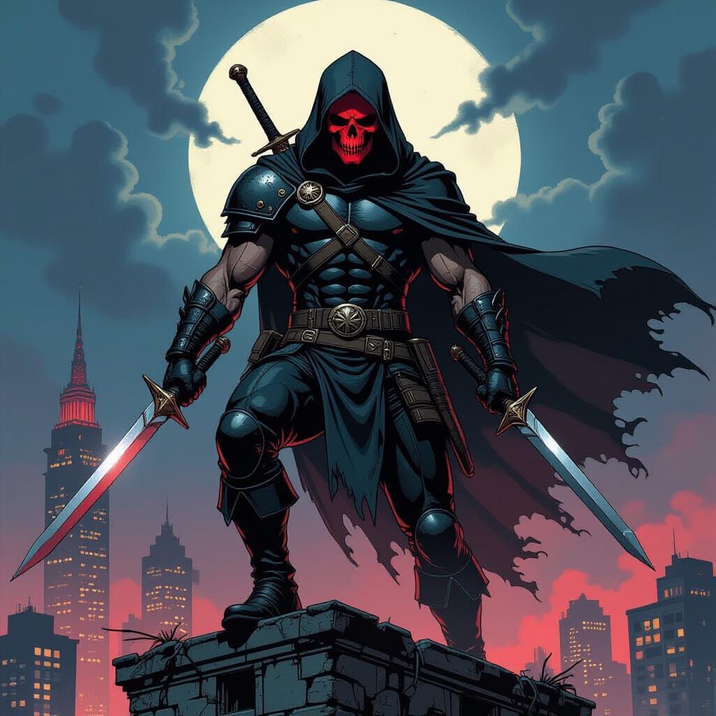 Leather-clad Vigilante Surveys Cyberpunk Cityscape