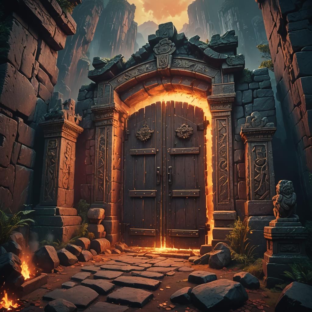 Mysterious Door in Lush Mountain Pixel Art