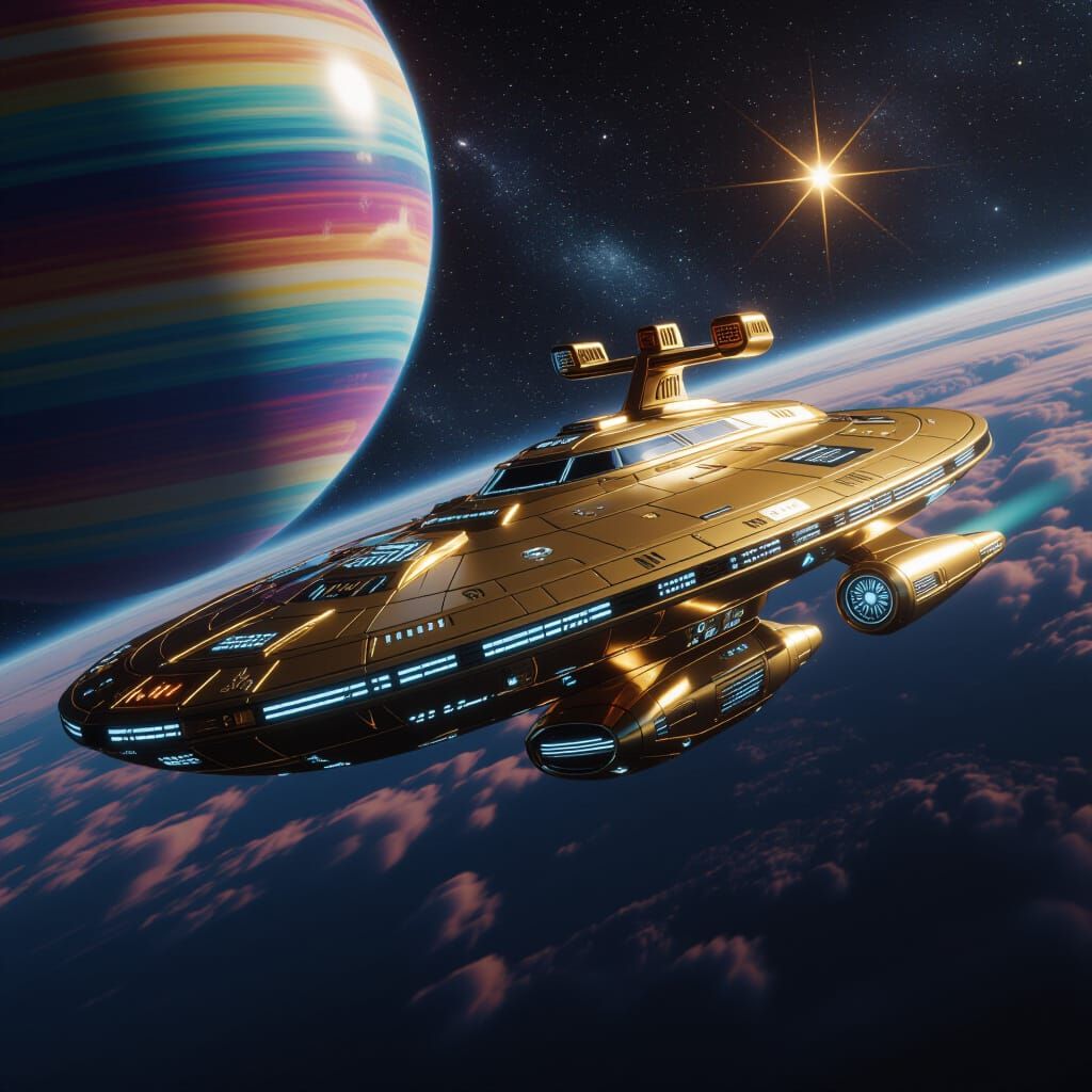 Golden Luxury Starship Passes Ringed Planet