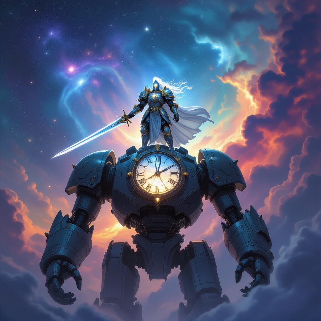 Celestial Knight on Clockwork Golem in Nebula