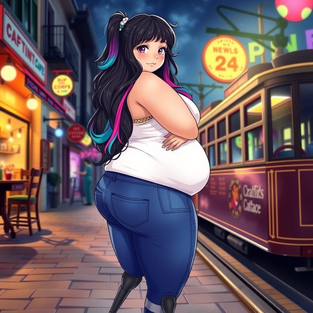 Curvy Girl Steampunk Adventurer Waits for Tram