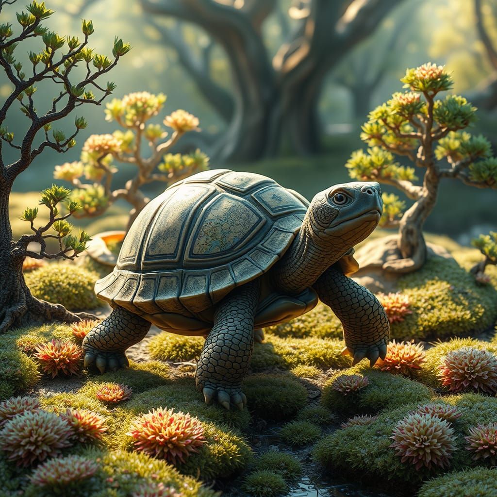 Celestial Turtle in Zen Garden: Alphonse Mucha Style