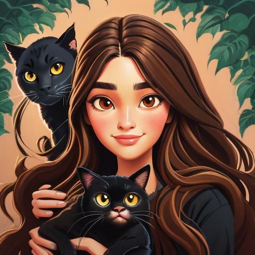 Woman and Black Cat: Detailed Gouache Painting