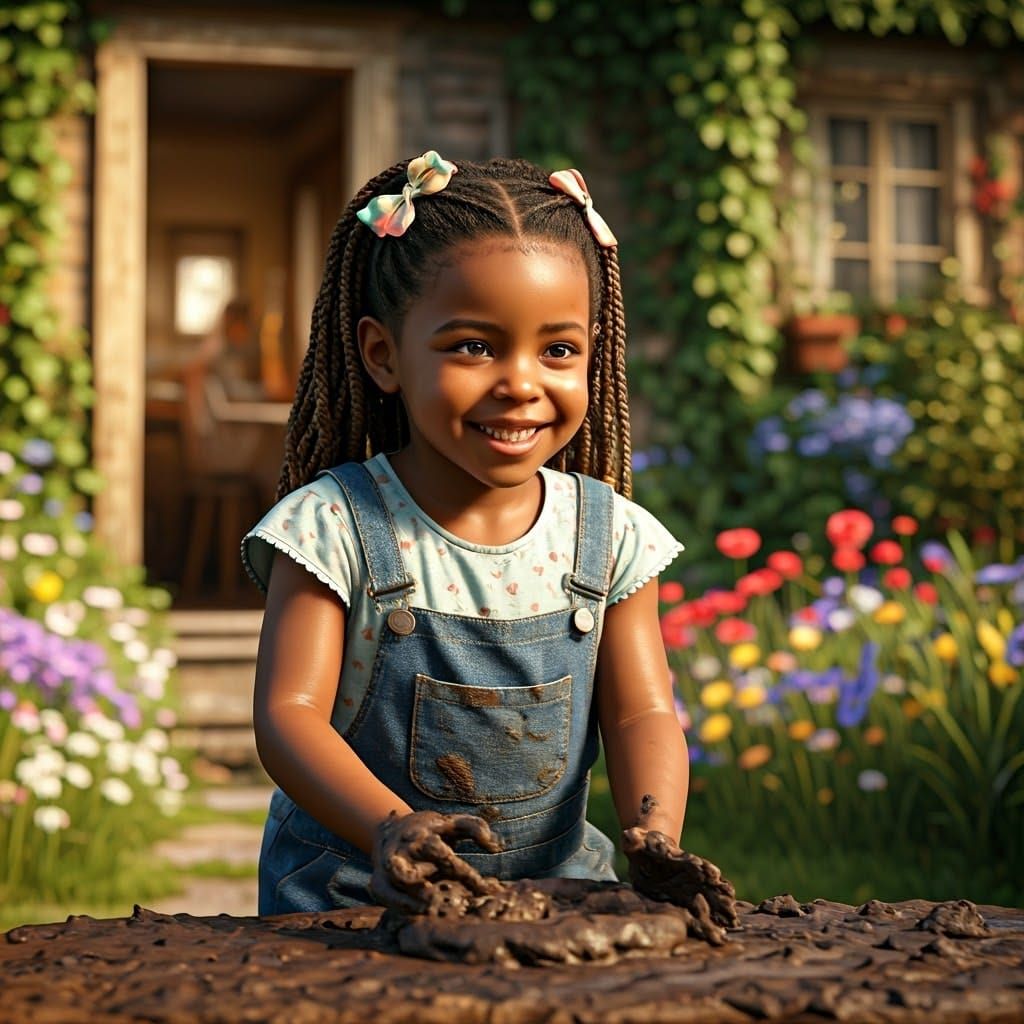 Joyful Girl Making Mud Pies in Backyard