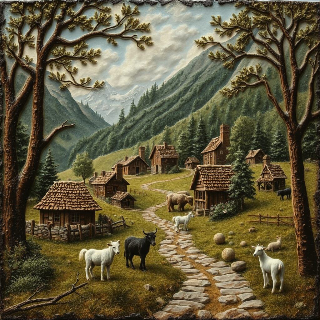 Encaustic Village Scene with Animals