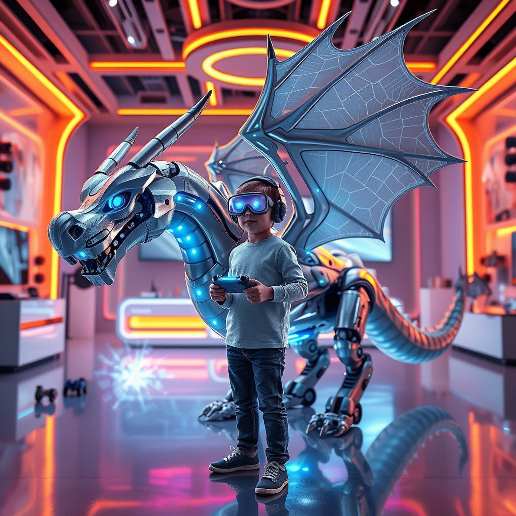 Robotic Dragon Pet in Futuristic Playroom, Digital Art
