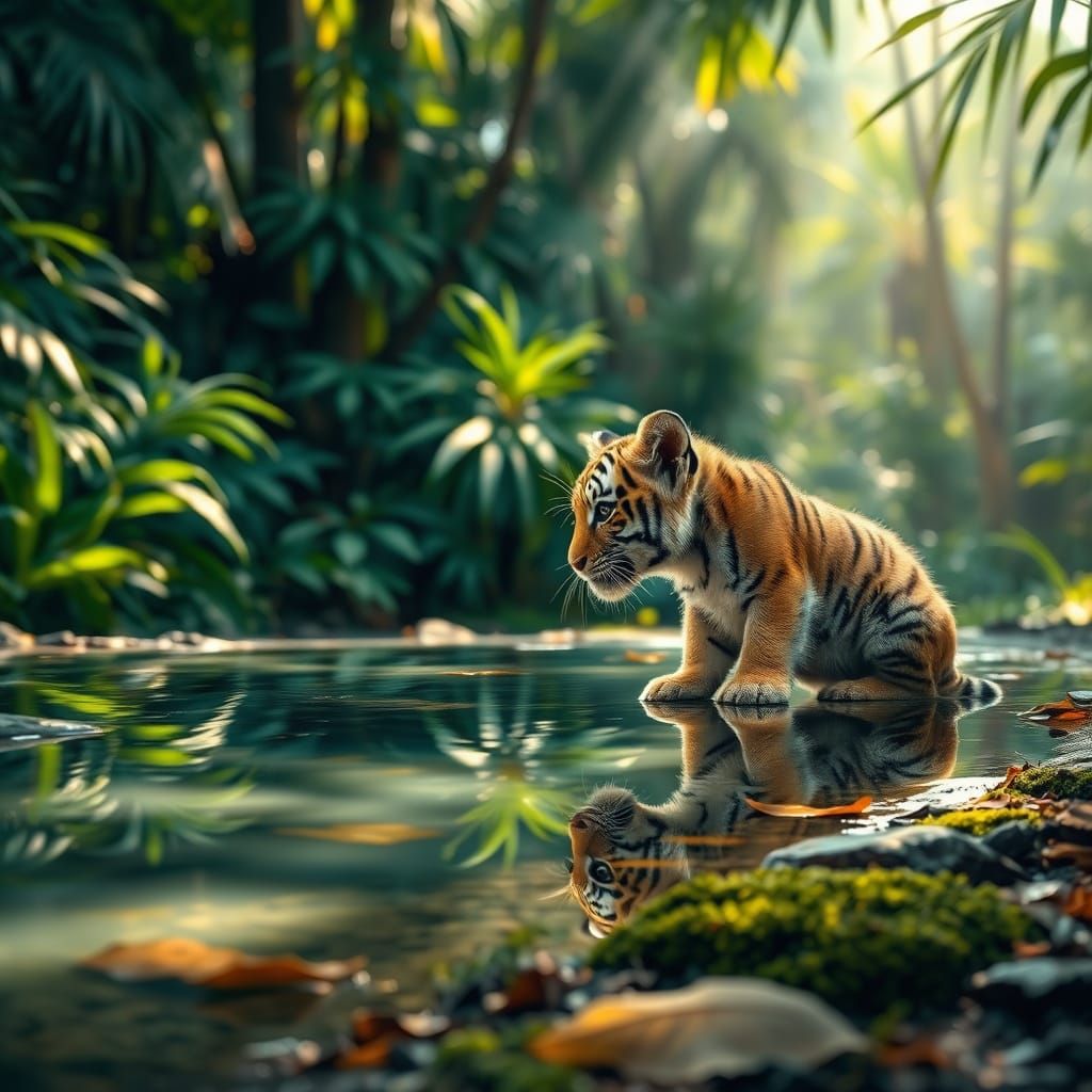 Tiger Cub Contemplates its Jungle Reflection in Soft Morning...