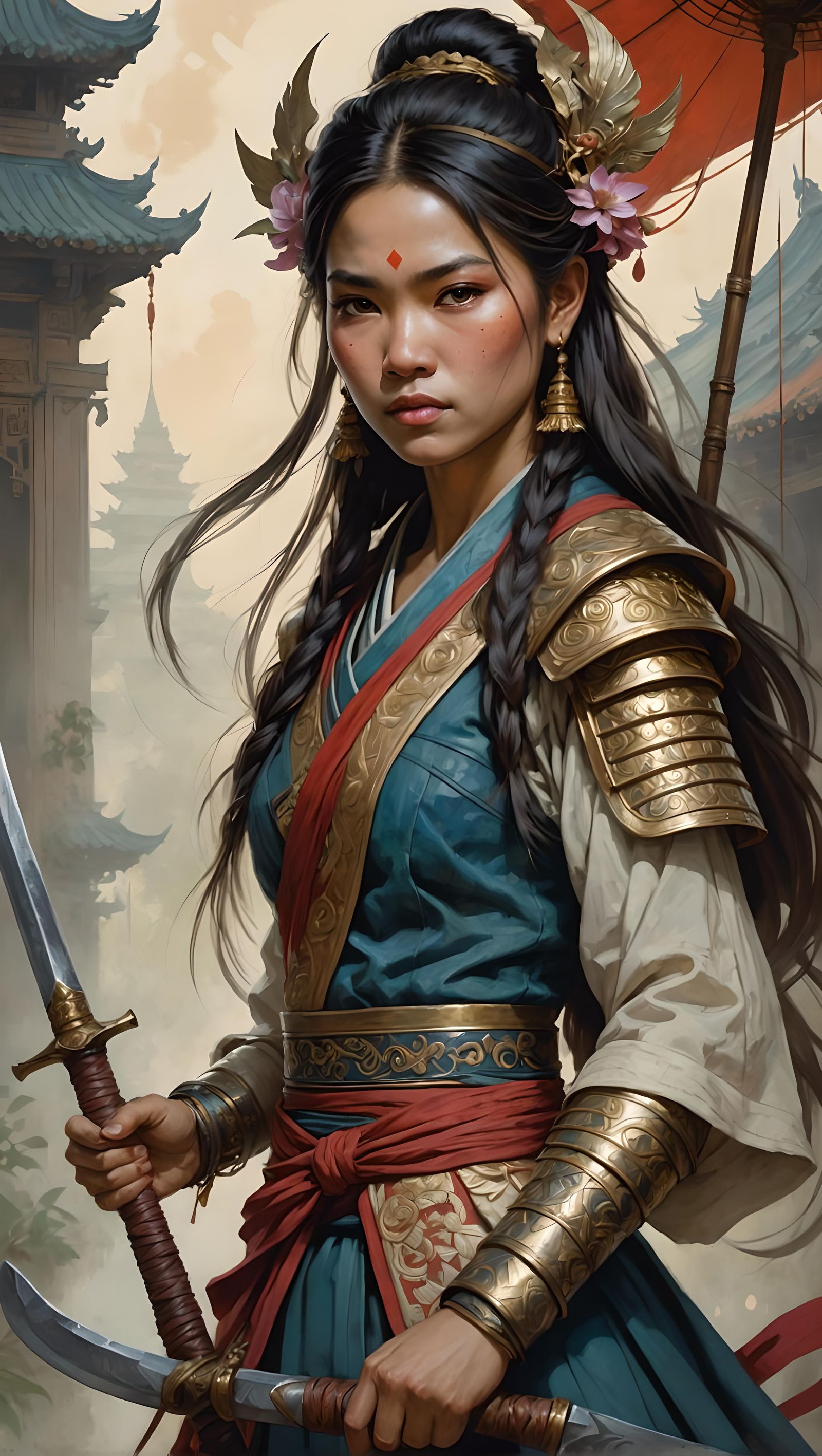 Thai Woman Warrior Portrait in Art Nouveau Style