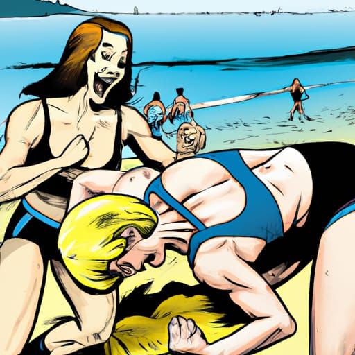 Beach Wrestling Match in Comic Book Style