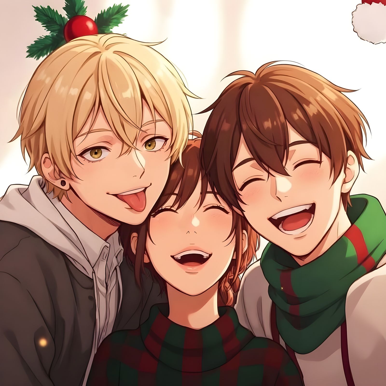 Friends Take a Goofy Christmas Selfie in Anime Style