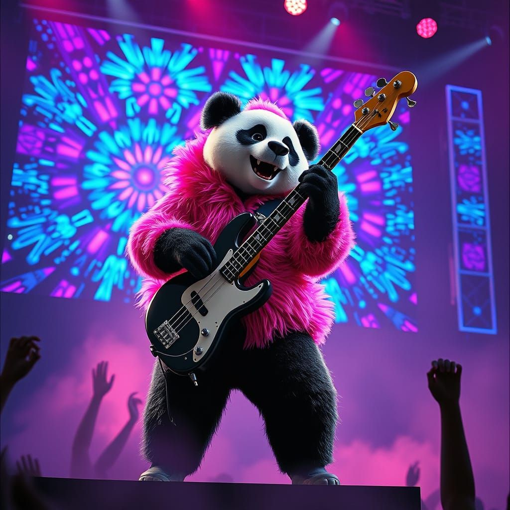 Surreal Panda Rockstar Shines on Stage with Electric Bass an...