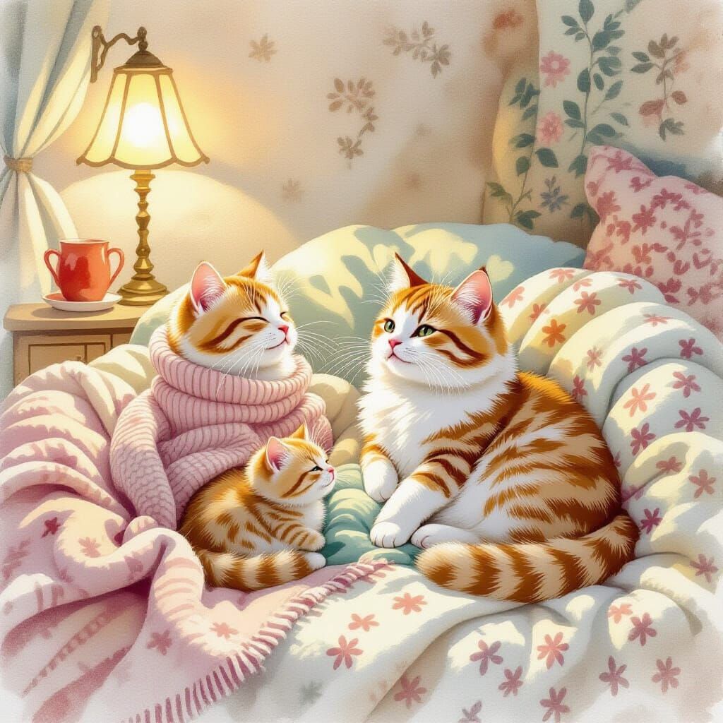 Adorable Cats Playing in Cozy Watercolor Style